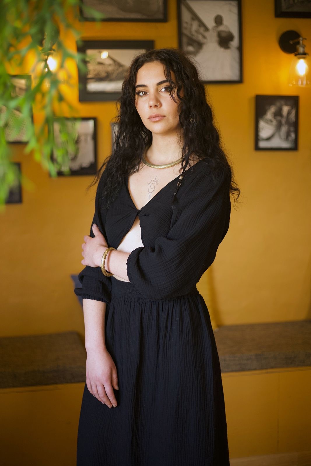 Cropped folded linen top with bishop sleeves and a high-waisted maxi skirt set.